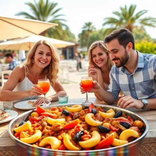 Familia disfrutando de una paella valenciana al aire libre