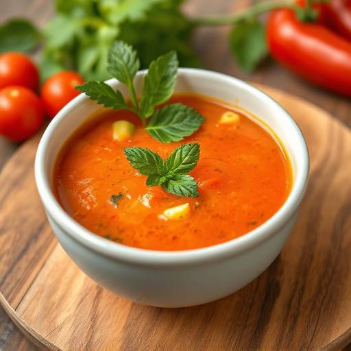 Gazpacho andaluz servido en un cuenco con guarniciones de tomate, pepino y pimiento