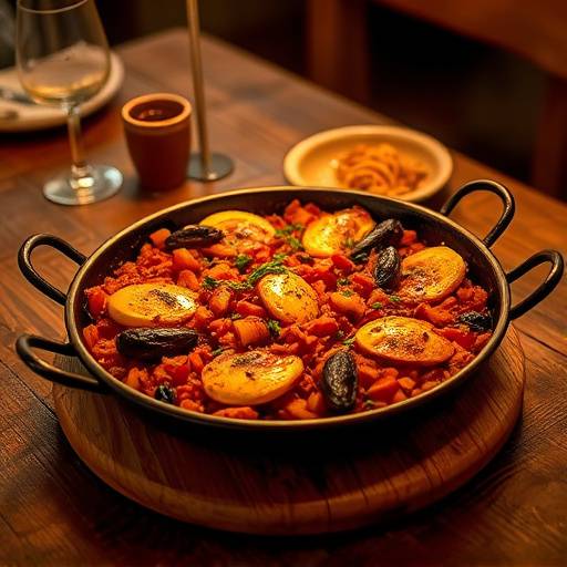 Paella valenciana tradicional servida en una paellera sobre una mesa r&uuml;stica de madera.