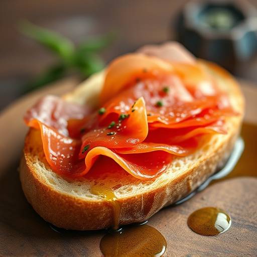 Tostas de pan con tomate rallado, aceite de oliva y jam&oacute;n serrano encima