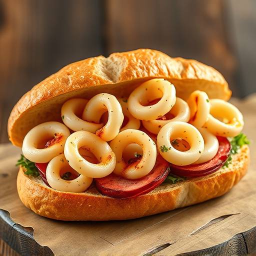 Un bocadillo de calamares a la romana en pan crujiente