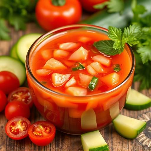 Un cuenco de gazpacho andaluz adornado con trozos de pepino, tomate y pimiento