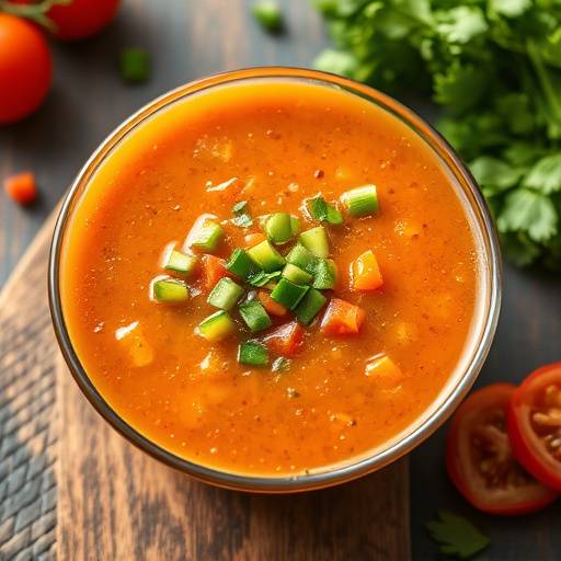 Un cuenco de gazpacho andaluz con guarniciones de verduras picadas
