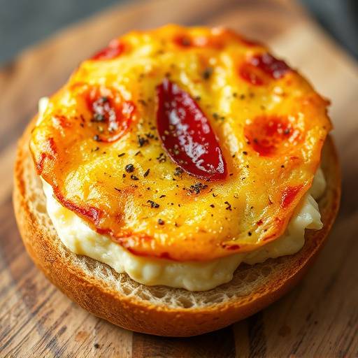 Un pincho de tortilla de patatas sobre una rebanada de pan, mostrando la tortilla dorada y cremosa en el centro.
