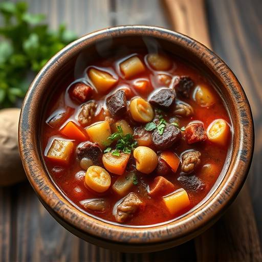 Un plato de fabada asturiana humeante con sus ingredientes tradicionales