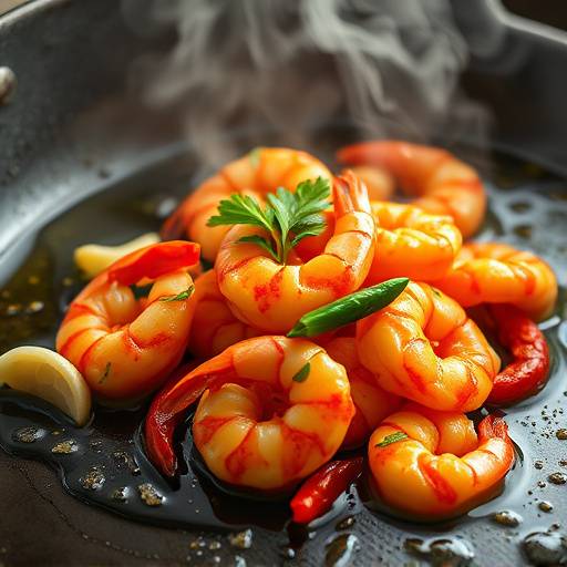 Un plato de gambas al ajillo hirviendo en aceite con ajo y guindilla
