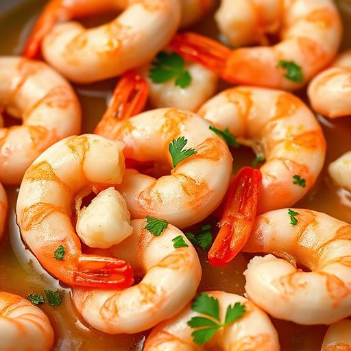 Un plato de gambas al ajillo, mostrando gambas rosadas nadando en un aceite de oliva burbujeante con trozos de ajo dorado y perejil fresco espolvoreado.