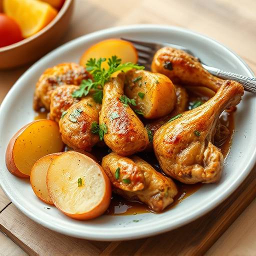 Un plato de pollo al ajillo servido con patatas panaderas