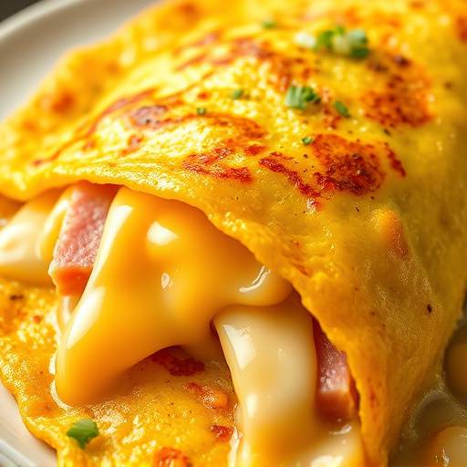 Una tortilla francesa dorada rellena de queso fundido y jam&oacute;n
